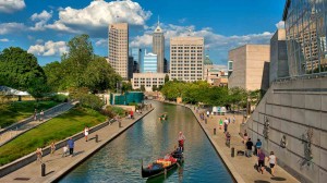 The Indy skyline is a perfect backdrop to the Gondola and pedal boats on the Canal