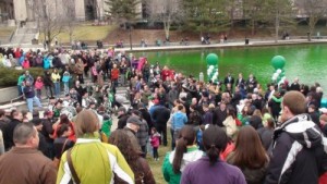 Crowds gather for the for the "greening" of the canal