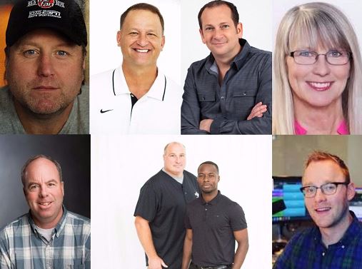 Listeners feel a connection to local personalities. (Clockwise: JMV-WFNI, Dan Dakich-WFNI, Dave Smiley-WZPL, Kristi Lee-WFBQ, Sean Copeland-WYXB, Michael Grady-WFNI, Joe Staysniak-WFNI, Pat Sullivan-WIBC )